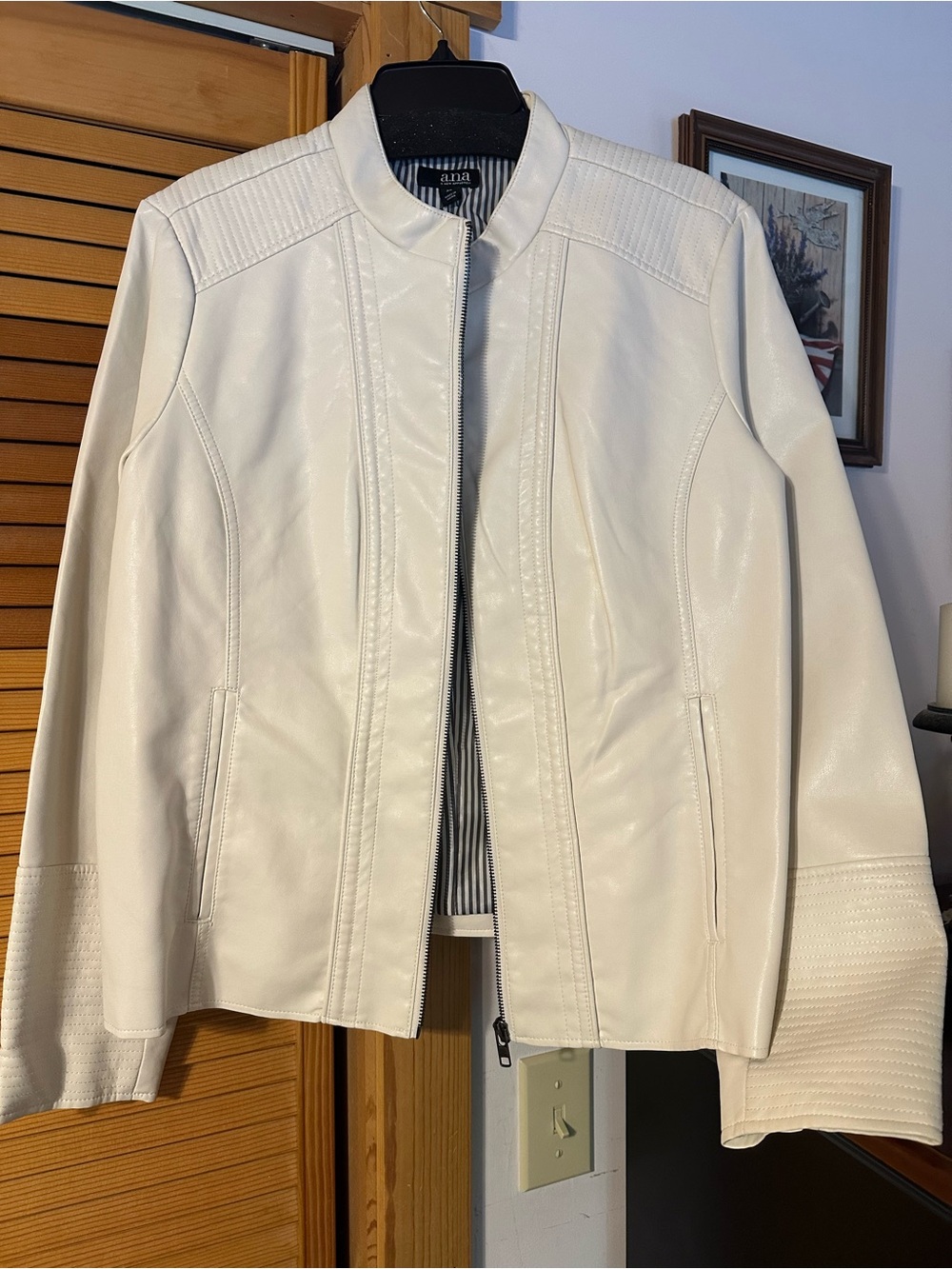 a.n.a Cream Faux Leather Collarless Jacket